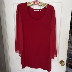 Susan Graver Liquid Knit Long Tunic Top 1X Red 3/4 Sheer Sleeves Flowy Classy